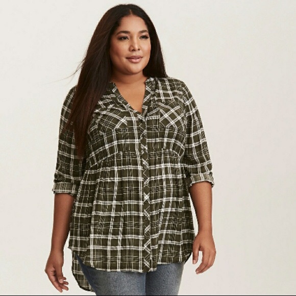 torrid Tops - Torrid Emma Green Plaid Challis Babydoll Tunic Top